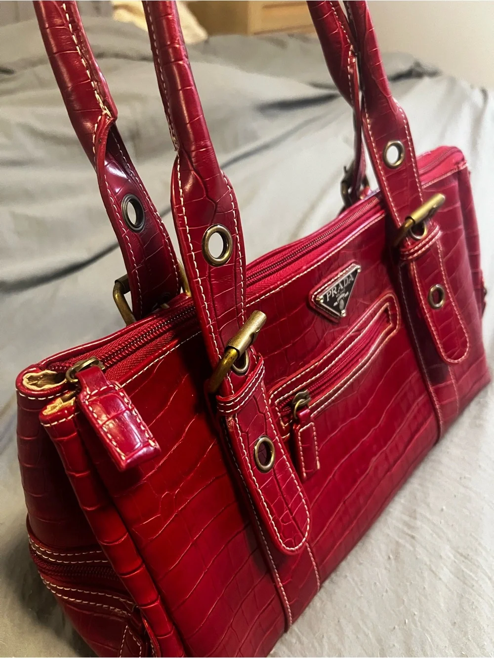 Prada Red Croc-Embossed Leather Satchel